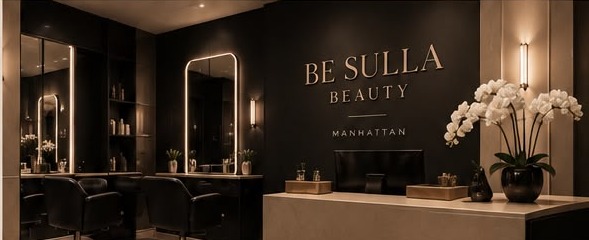 Be Sulla Beauty studio interior in Manhattan, with styling stations and the wall wordmark